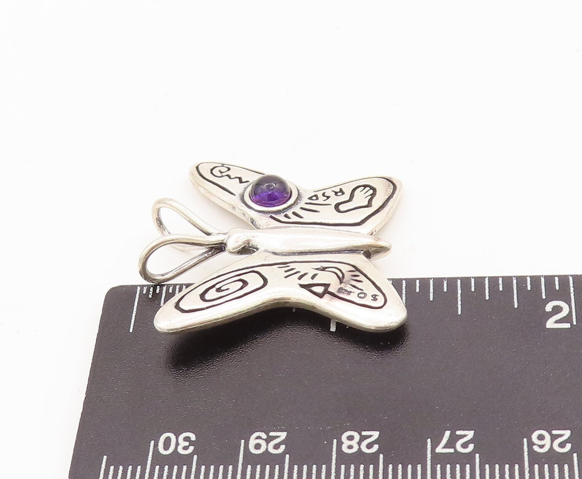 925 Sterling Silver Vintage Pendant Amethyst Swirly Etched Butterfly  PT23468