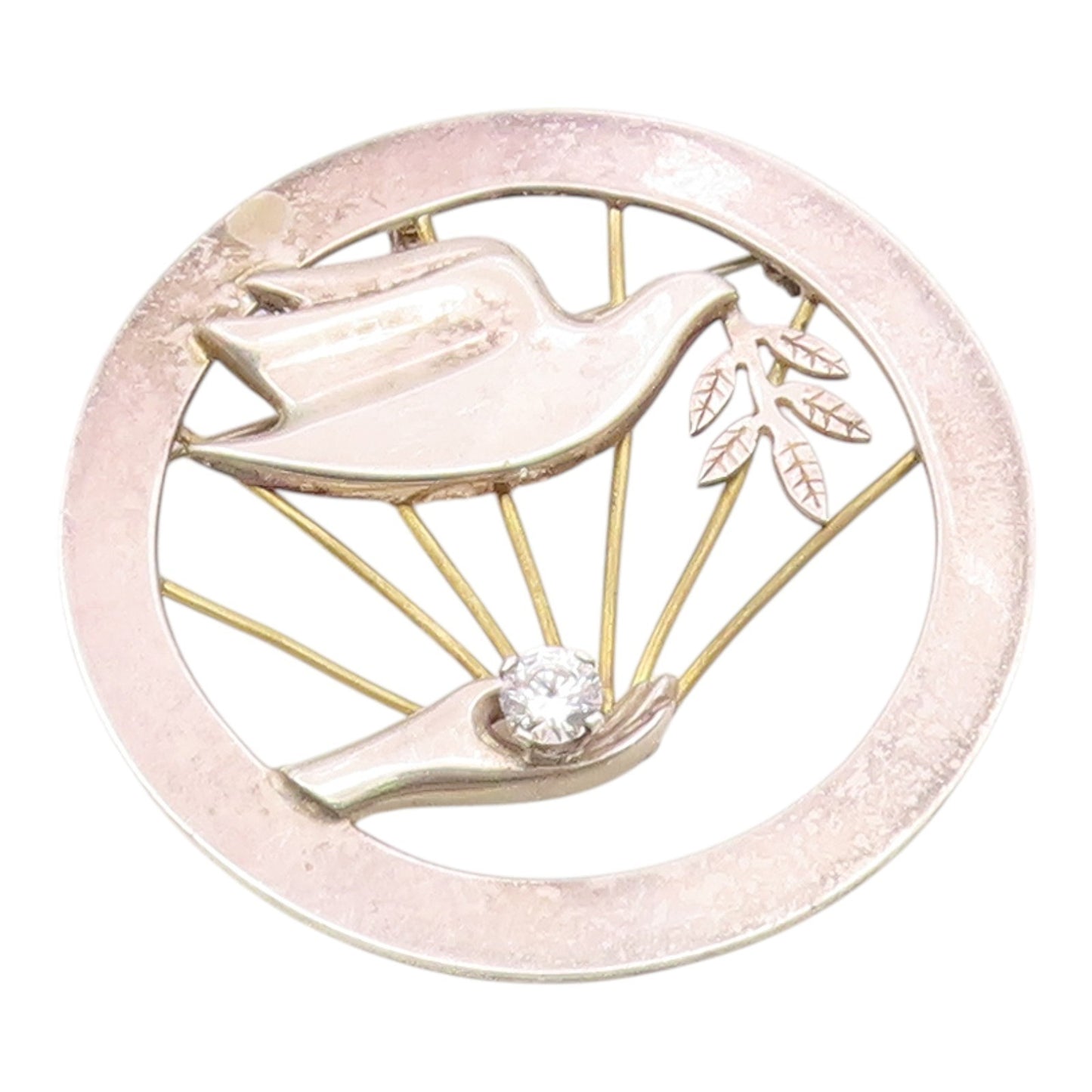 MISTY TAYLOR 925 Silver  Vintage Cubic Zirconia Hand & Dove Brooch Pin  BP6769