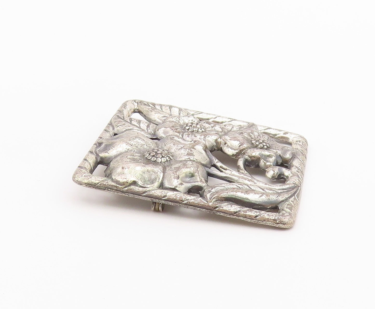 925 Sterling Silver  Vintage Dark Tone Flowers Etched Detail Brooch Pin BP5633