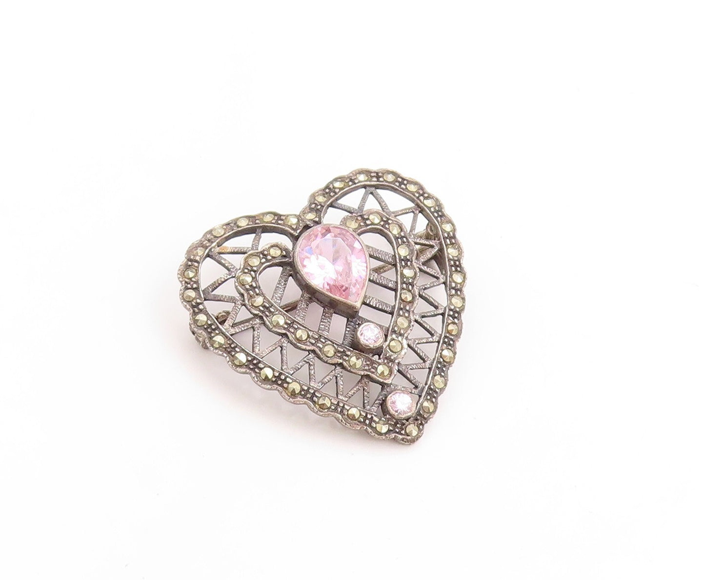 925 Sterling Silver Vintage Brooch Pin Dark Tone Designer Cut CZ Heart  BP11420
