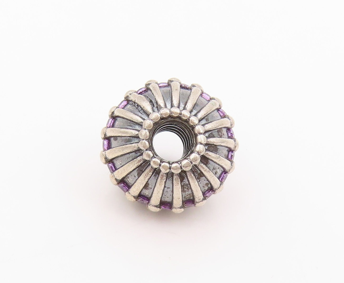 925 Sterling Silver Vintage Pendant PANDORA Amethyst Inlay Grooved Bead  PT24188