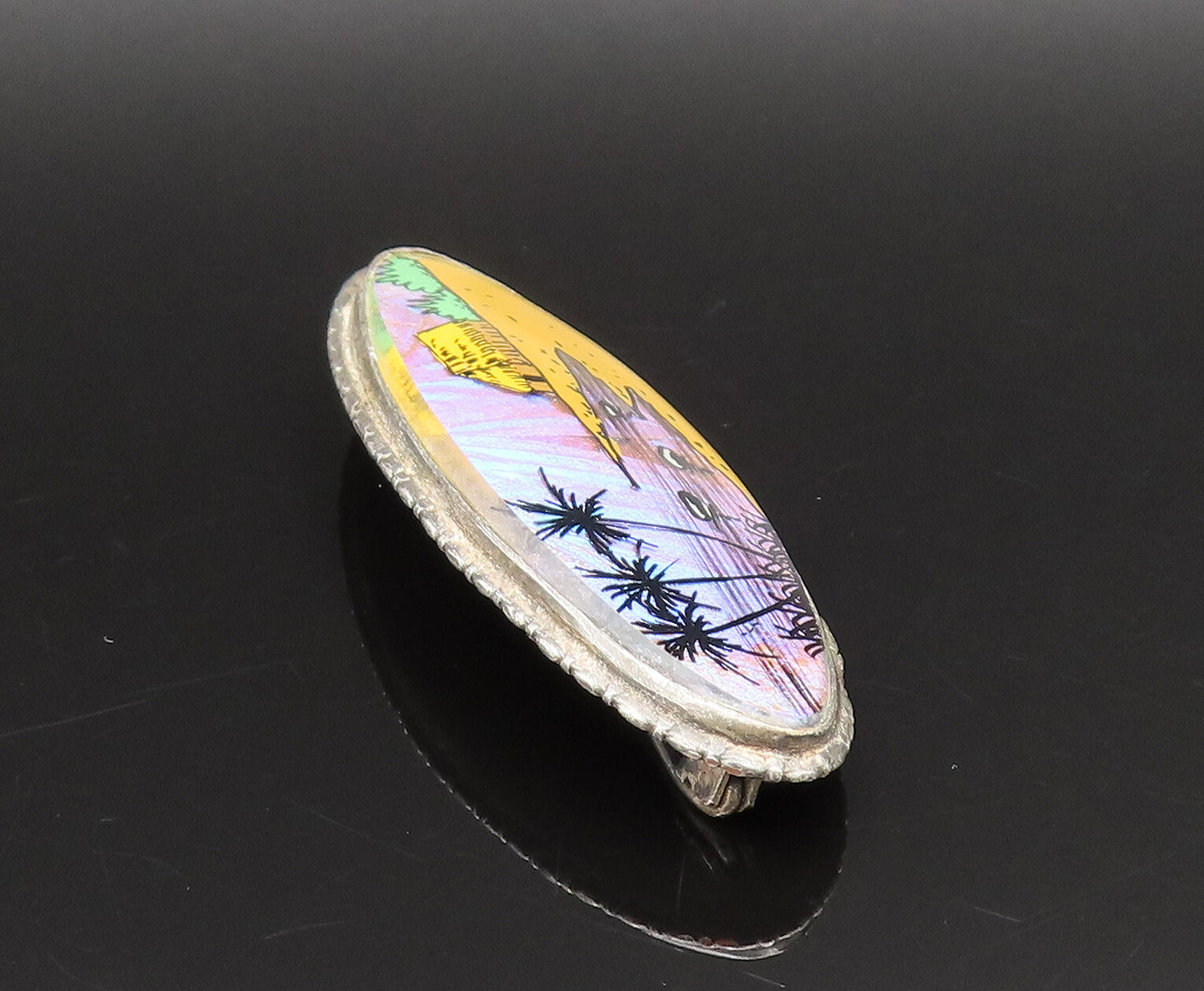 BRAZIL 925 Sterling Silver  Vintage Beach Scenery Art Glass Brooch Pin  BP9804