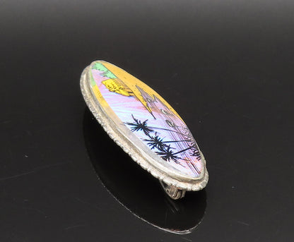 BRAZIL 925 Sterling Silver  Vintage Beach Scenery Art Glass Brooch Pin  BP9804