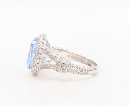 925 Sterling Silver Vintage Ring Designer Oval Blue Halo White CZ  Sz 7  RG30137