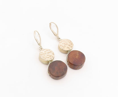 925 Sterling Silver Vintage Earrings Modernist Geometric Wood Dangles  EG13810