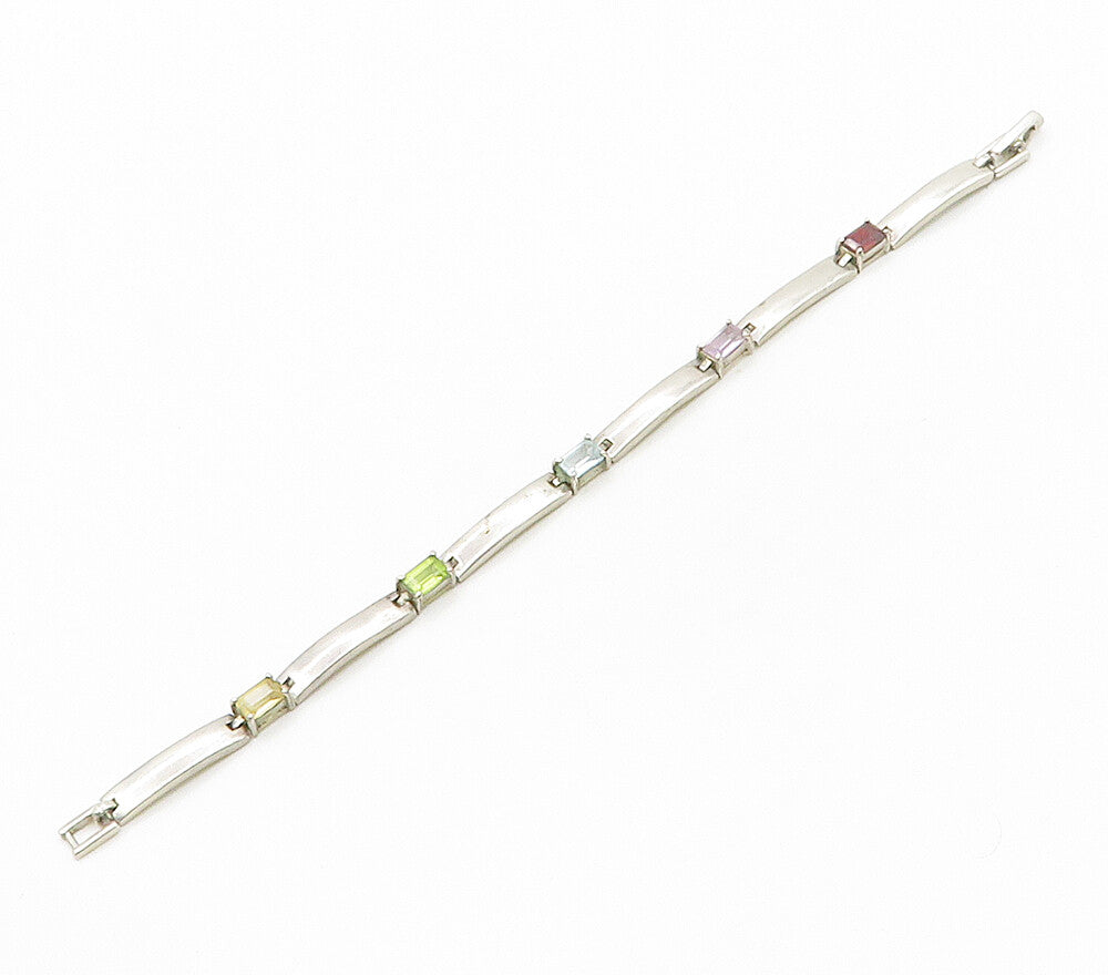 925 Sterling Silver  Topaz Amethyst & Peridot Bar Link Chain Bracelet  BT6224