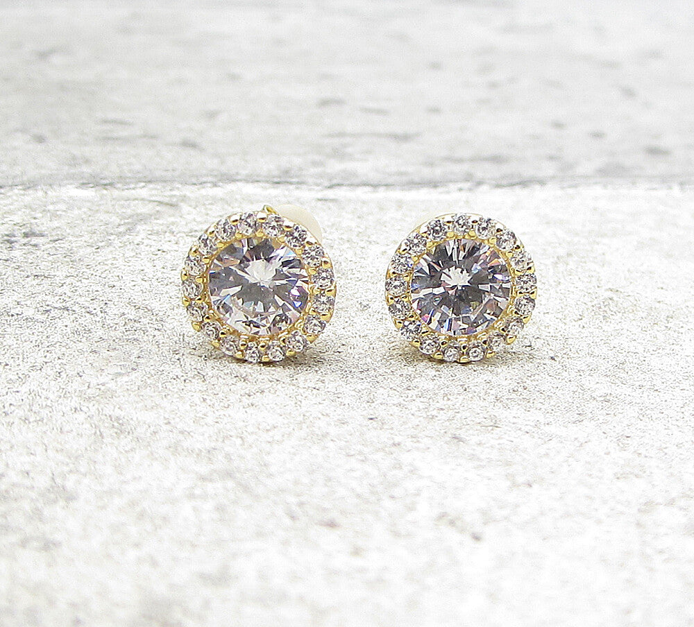 Gold Over 925 Sterling Silver White Cubic Zirconia Stud Earrings EG1049