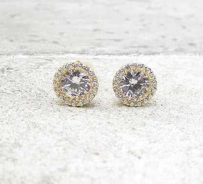 Gold Over 925 Sterling Silver White Cubic Zirconia Stud Earrings EG1049