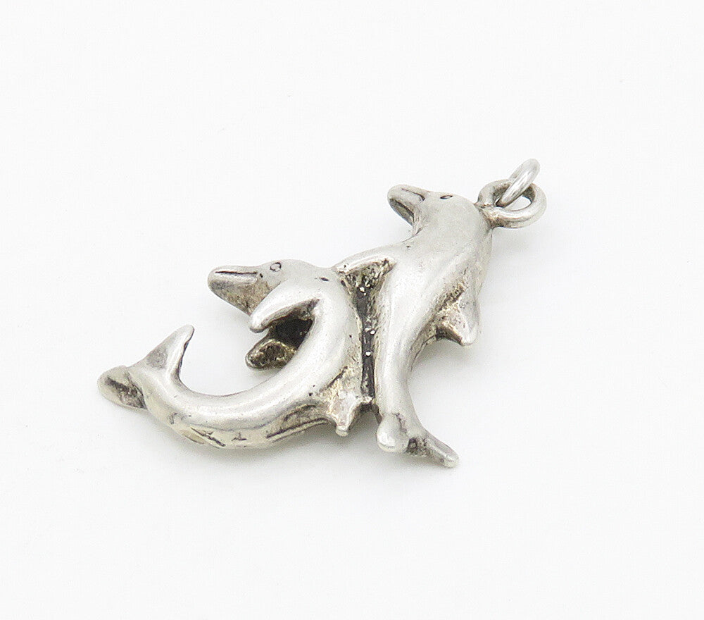 925 Sterling Silver  Vintage Shiny Smooth Dolphins Drop Pendant  PT12106