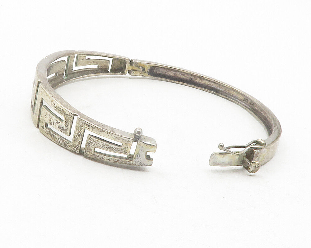 925 Sterling Silver  Vintage Greek Key Cutout Hinge Bangle Bracelet  BT4712