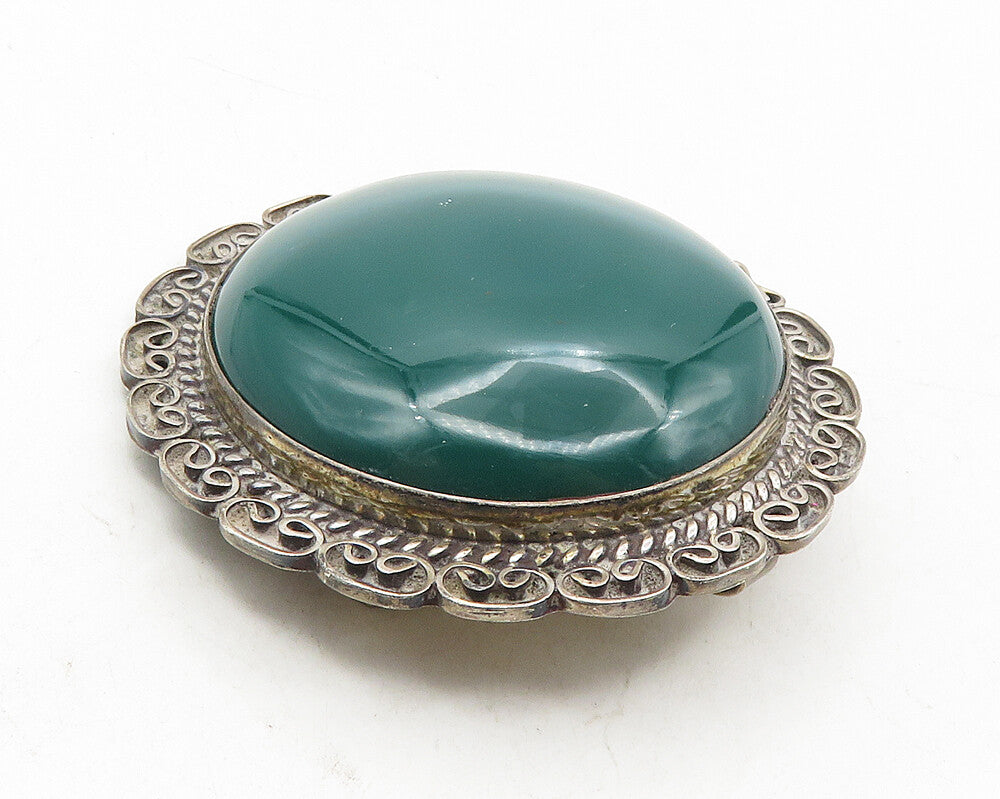 MEXICO 925 Sterling Silver  Vintage Cabochon Cut Green Onyx Brooch Pin  BP3740