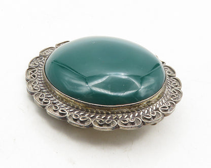 MEXICO 925 Sterling Silver  Vintage Cabochon Cut Green Onyx Brooch Pin  BP3740