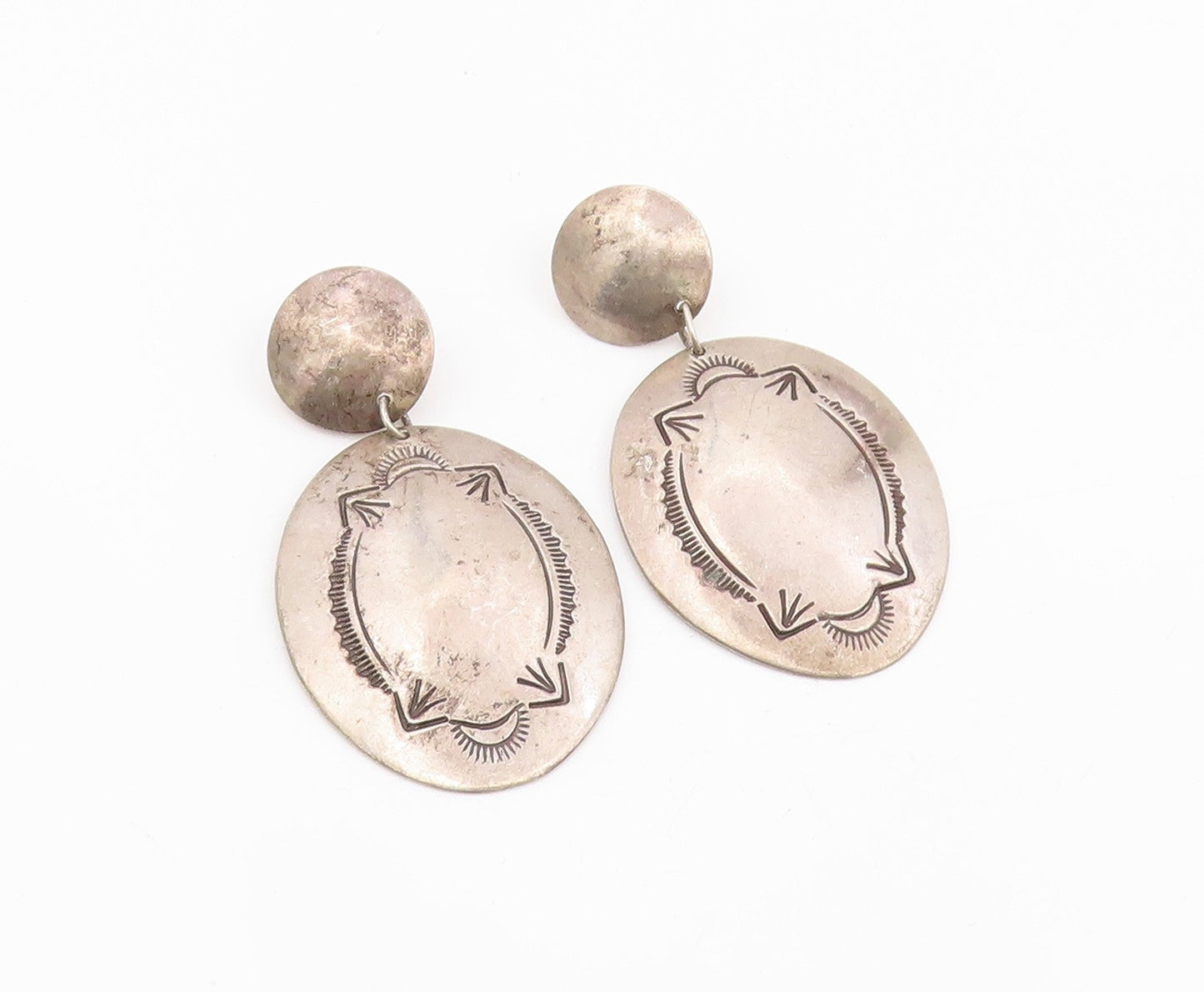 925 Sterling Silver Vintage Earrings BAHE NAVAJO Etched Concho Drop  EG14184