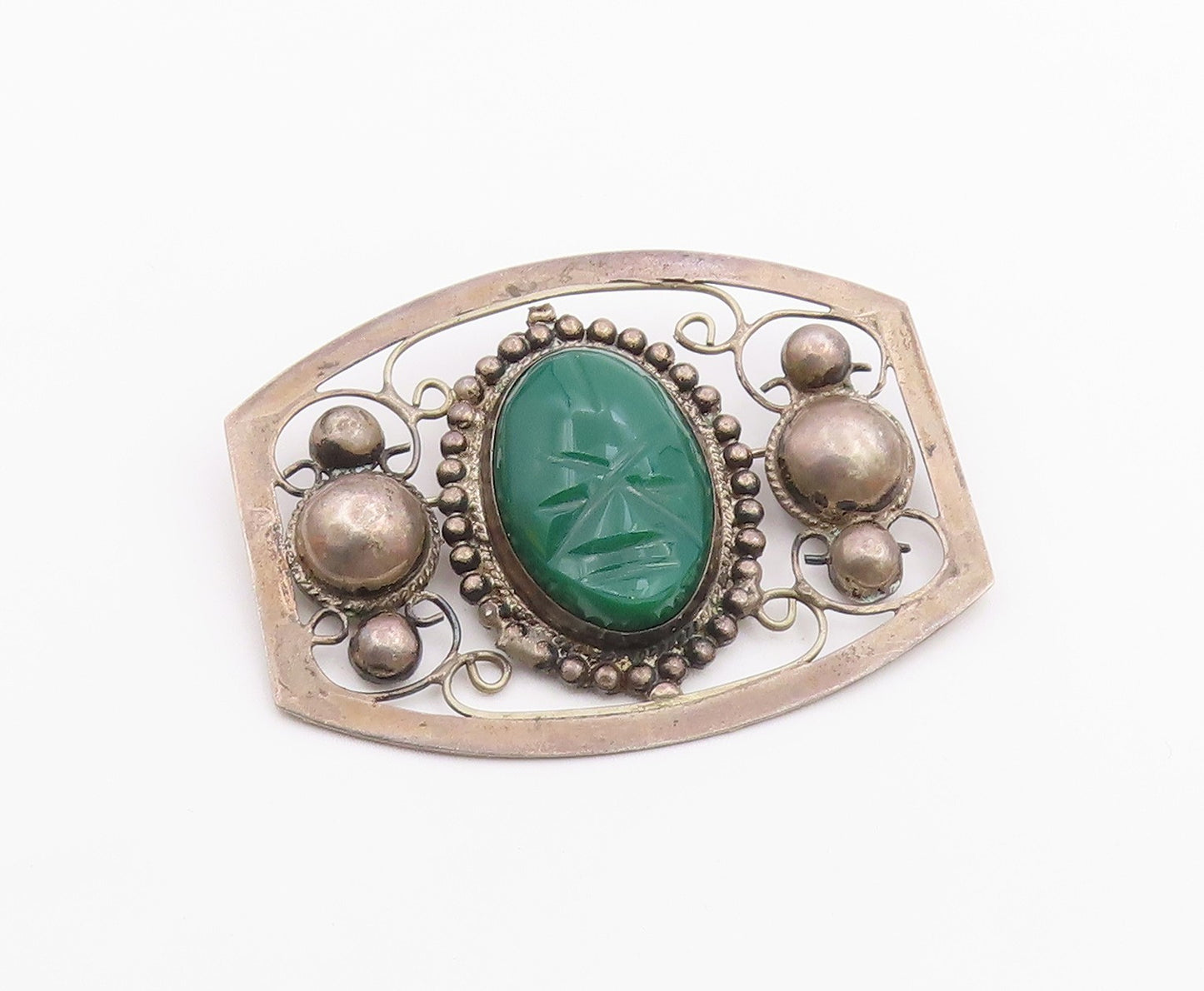 MEXICO 925 Silver  Vintage Antique Face Carved Jade Swirl Brooch Pin  BP4318