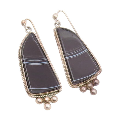 925 Sterling Silver Vintage Earrings Black Agate Beaded Geometric Dangle EG14000