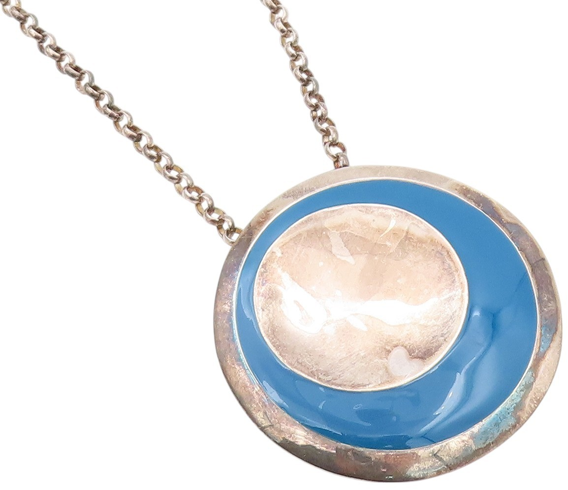 925 Sterling Silver Vintage Necklace RLM Designer Blue Enameled Disk  NE4505