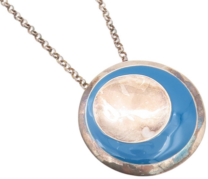 925 Sterling Silver Vintage Necklace RLM Designer Blue Enameled Disk  NE4505