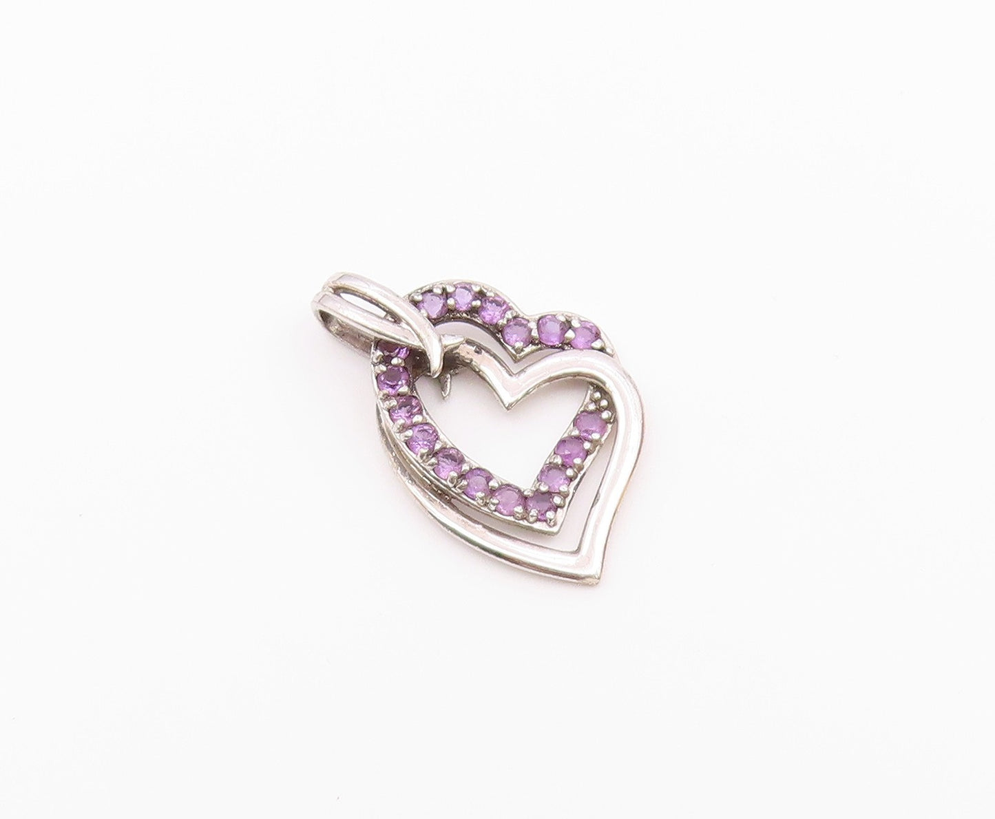 925 Sterling Silver  Vintage Amethyst Open Love Hearts Pendant  PT19117