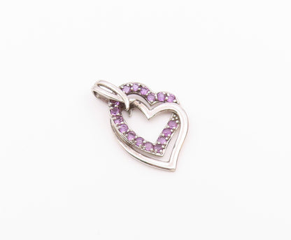 925 Sterling Silver  Vintage Amethyst Open Love Hearts Pendant  PT19117