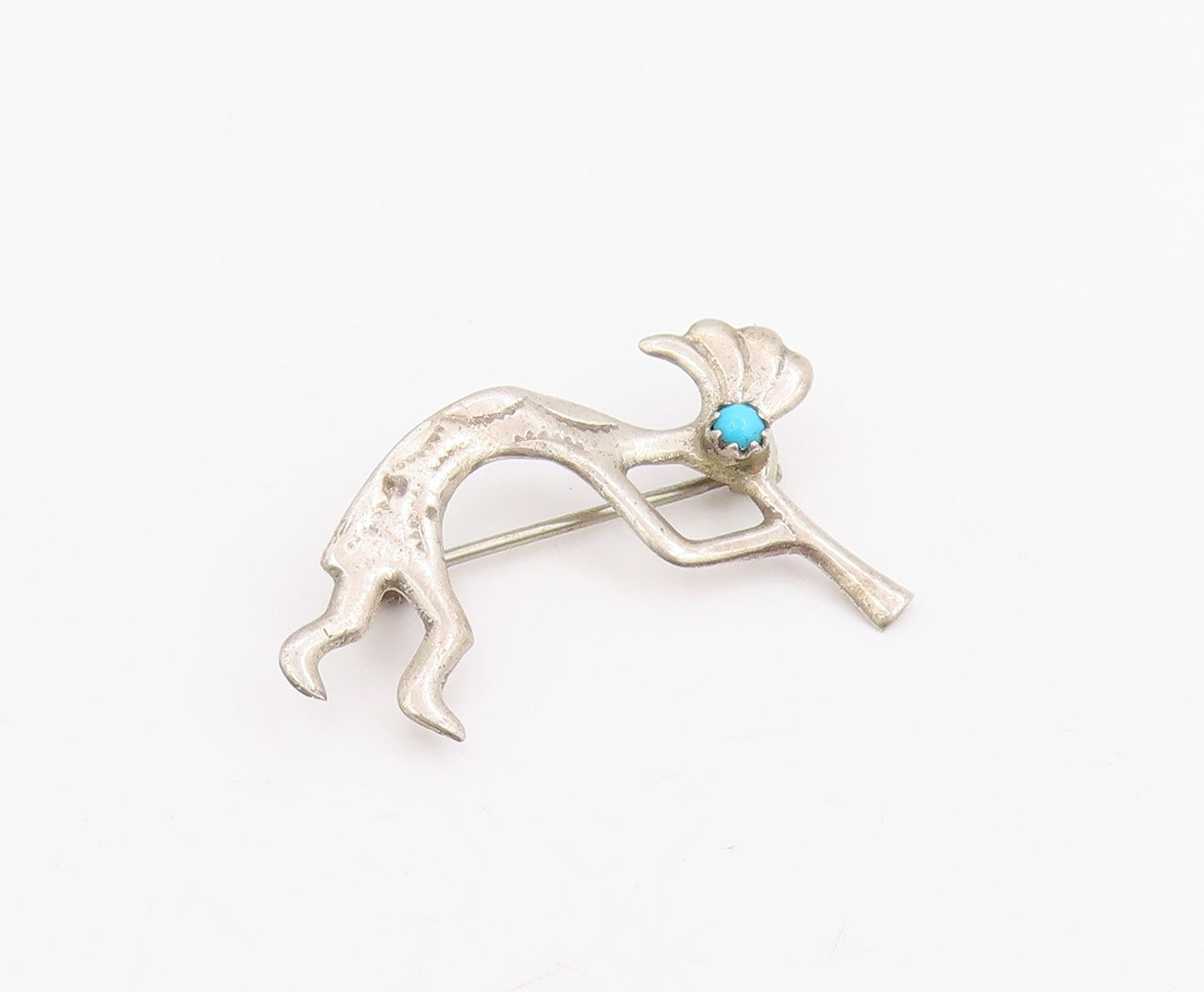 925 Sterling Silver Vintage Brooch Pin NAVAJO Turquoise Kokopelli Flute  BP12232