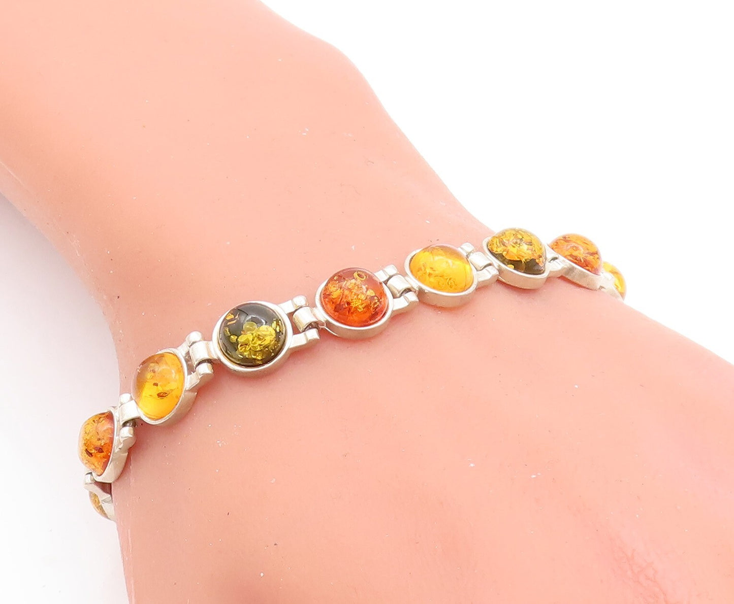 925 Sterling Silver Vintage Bracelet Round Honey Amber Hinged Links  BT10667