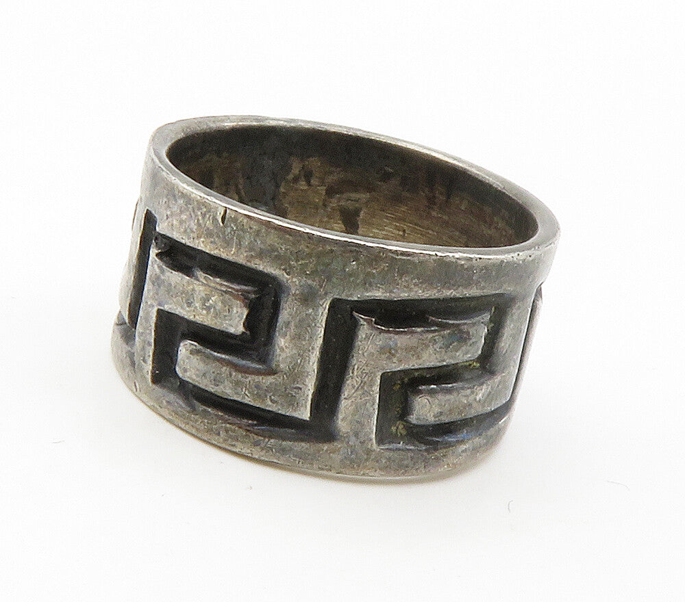 MEXICO 925 Sterling Silver  Vintage Greek Key Chiseled Band Ring Sz 6  RG15177