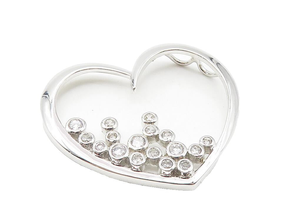 925 Sterling Silver  Topaz Cluster Open Love Heart Shiny Pendant  PT8838