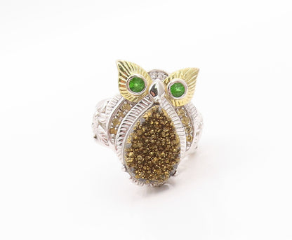 925 Sterling Silver Vintage Ring Drusy Quartz & CZ Eyed Owl  Sz 5.5  RG32621