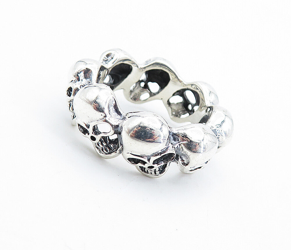 925 Sterling Silver  Vintage Shiny Sculpted Skulls Band Ring Sz 9.5  RG7326