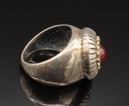 14K GOLD & 925 Silver  Vintage Carnelian Etched Flower Dome Ring Sz 7  RG24578