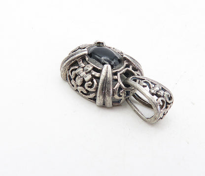 925 Sterling Silver Vintage Cabochon Cut Black Onyx Floral Pendant PT6301