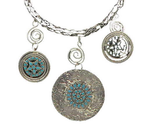 DESIGNER 925 Sterling Silver Vintage Turquoise Floral Chain Necklace NE3264
