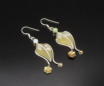925 Silver  Vintage Two Tone Floral Leaf Stem Fire Opal Earrings  EG11746