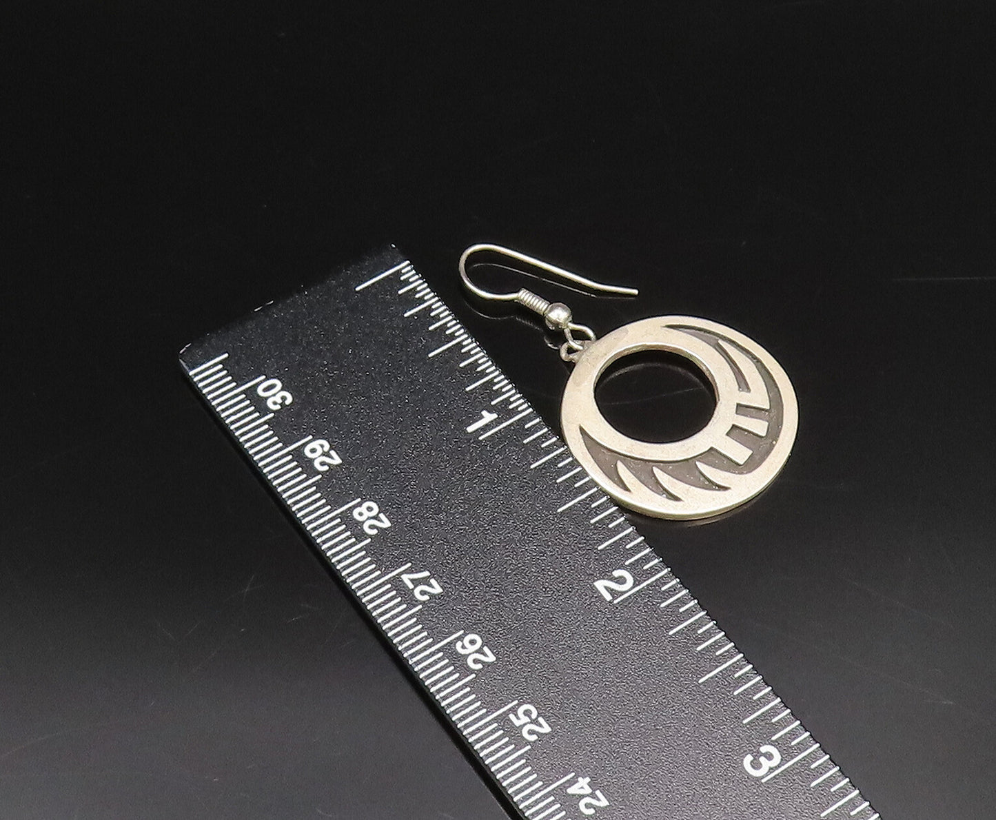 925 Sterling Silver  Vintage Open Circle Carved Design Dangle Earrings EG12166