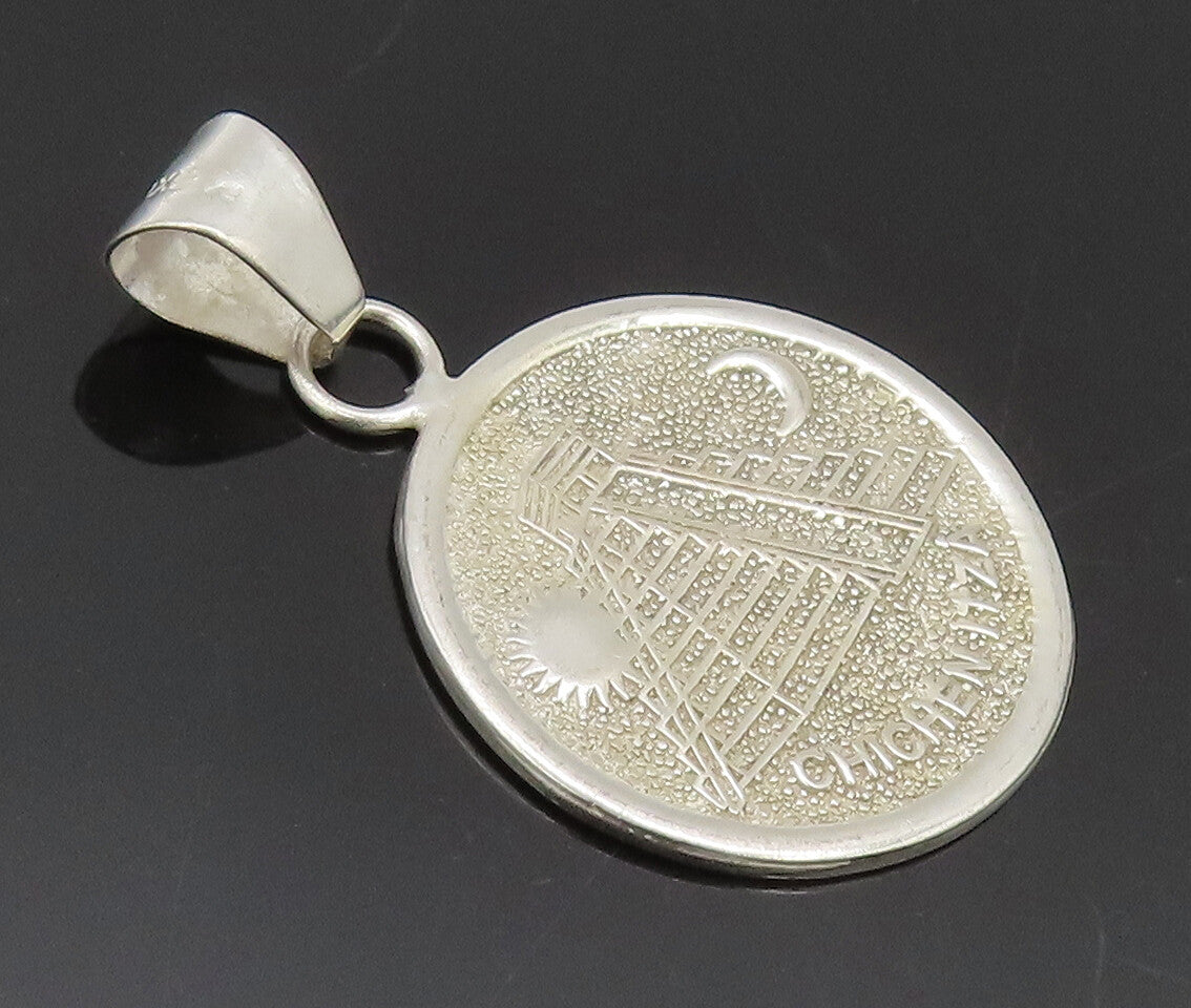 MEXICO 925 Silver  Vintage Calendar Pyramid Carved Sun Moon Pendant  PT22370