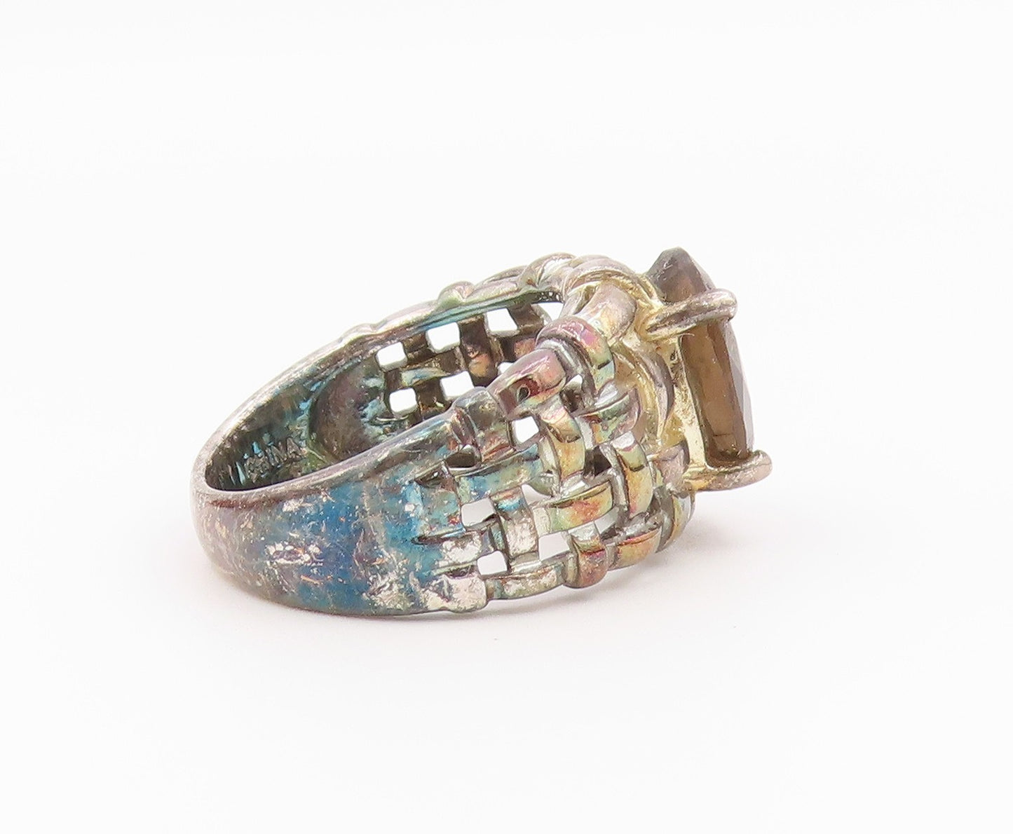 925 Sterling Silver Vintage Ring Smoky Quartz Basket Weave Band  Sz 8  RG36557