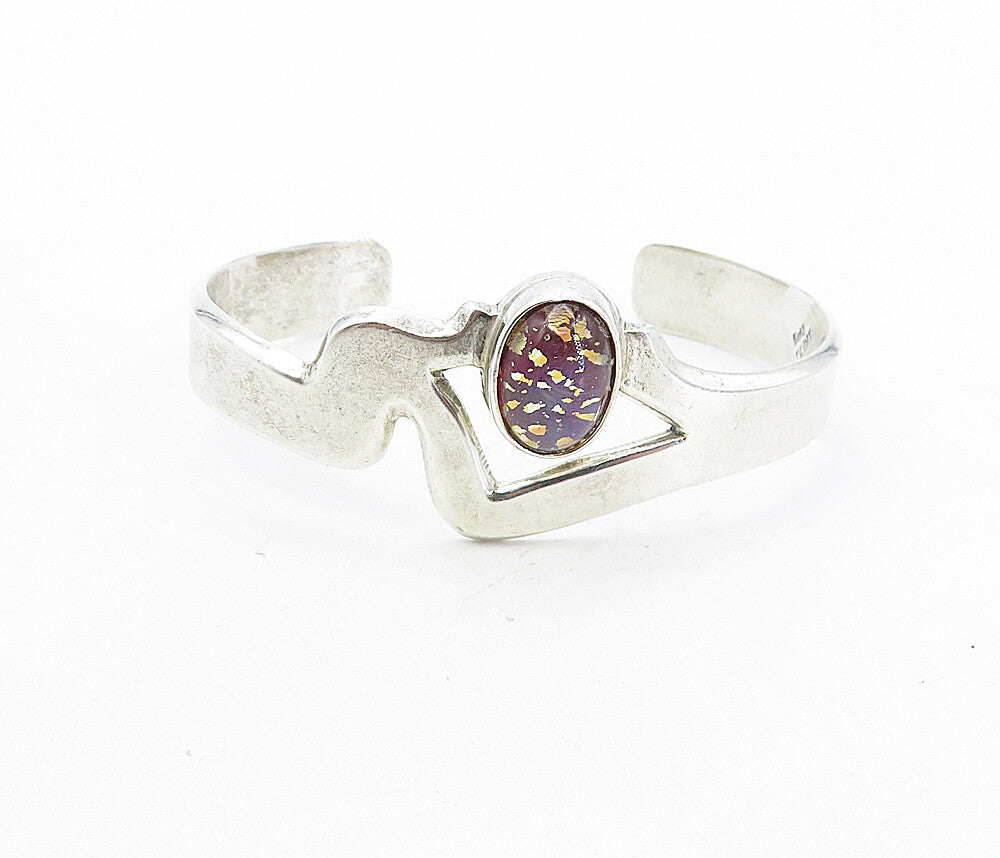 TAXCO 925 Sterling Silver  Vintage Glass Art Shiny Open Cuff Bracelet  BT3548