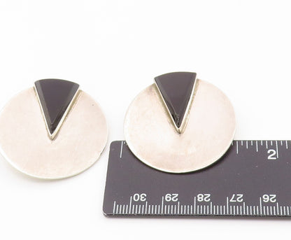 925 Sterling Silver Vintage Earrings MEXICO Onyx Modernist Round Clip On EG13895