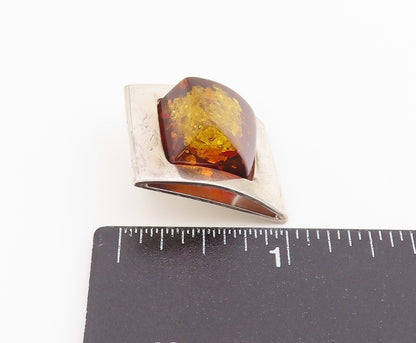 925 Sterling Silver Vintage Pendant Modernist Amber Geometric Charm  PT26360