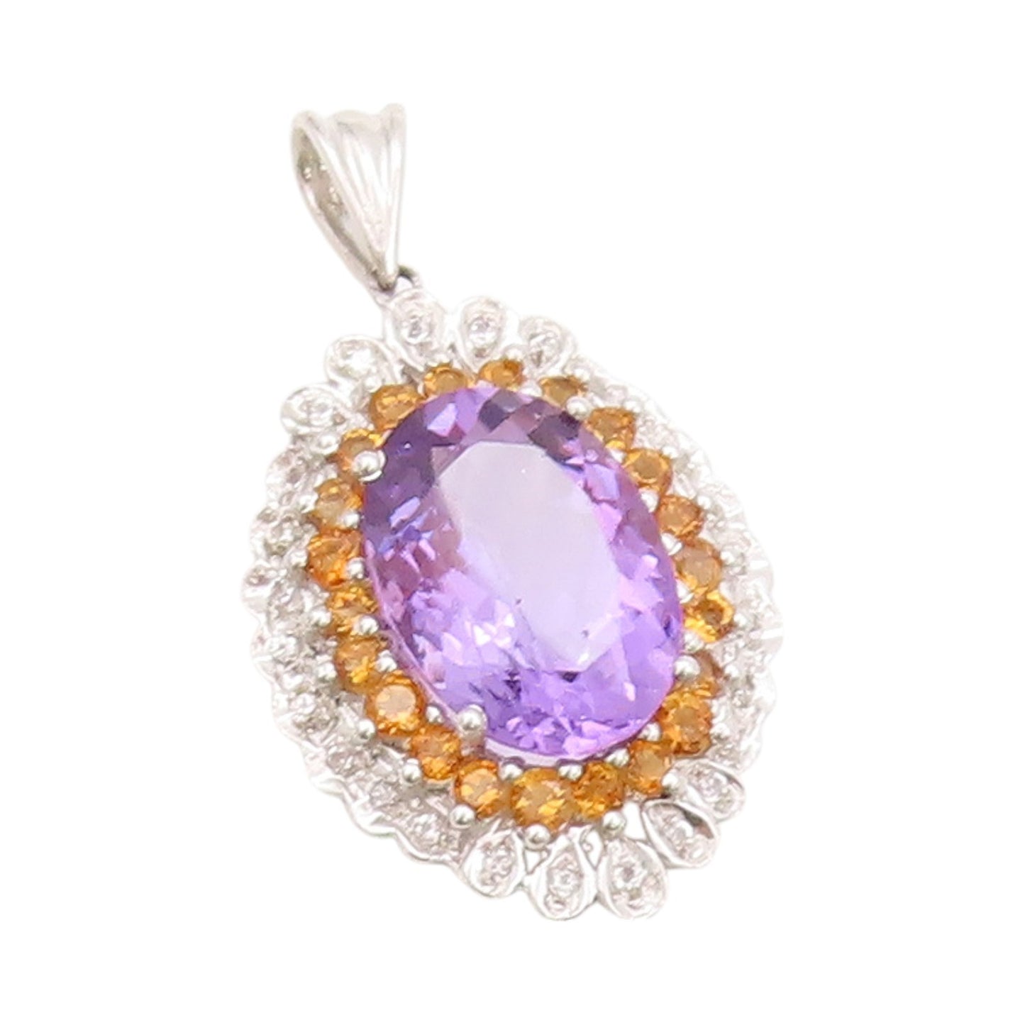 925 Sterling Silver Vintage Pendant Diamonds Oval Amethyst & Citrine  PT24060