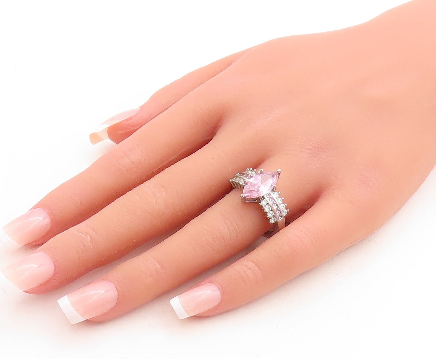 925 Sterling Silver Vintage Ring Marquise Cut Pink & White CZ   Sz 8  RG31494