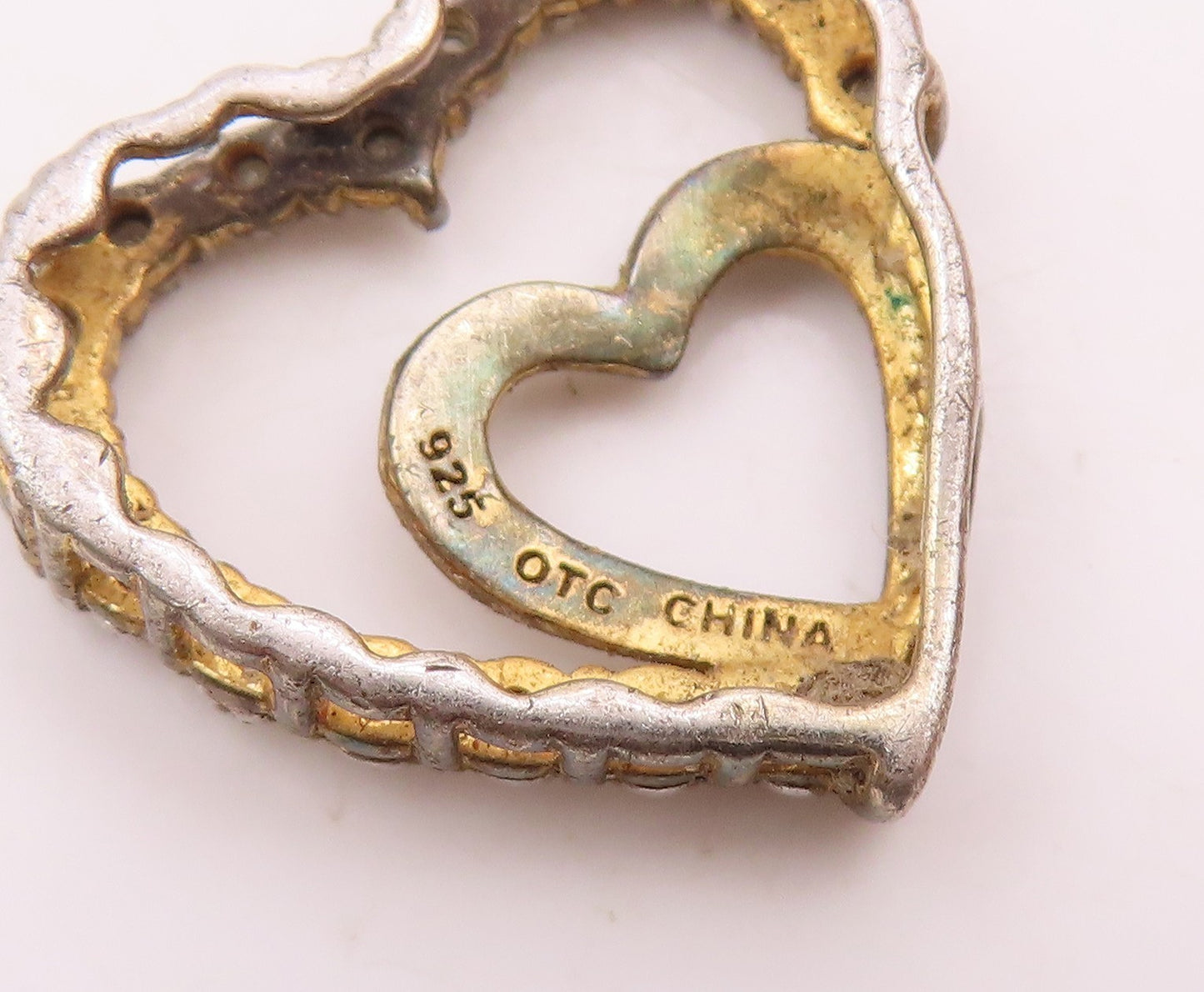 925 Sterling Silver  Vintage Genuine Diamonds Open Love Hearts Pendant PT14294