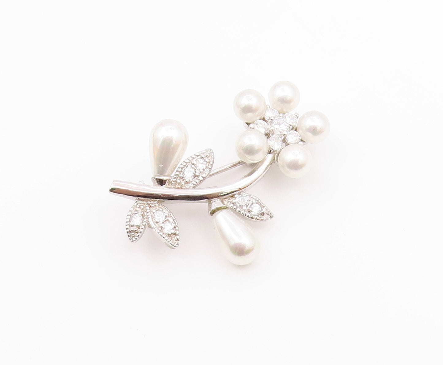 925 Silver  Vintage Cubic Zirconia & Cultured Pearls Flower Brooch Pin  BP9770