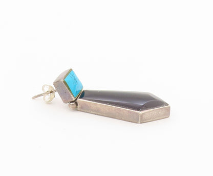 925 Sterling Silver Vintage Earrings Turquoise & Onyx Geometric Drop  EG14498