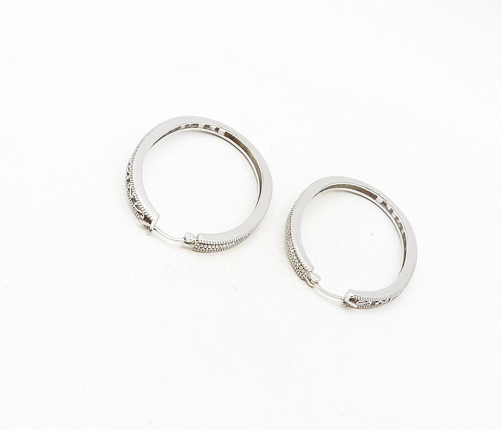 925 Sterling Silver  Shiny White Topaz Swirl Detail Oval Hoop Earrings  EG4667