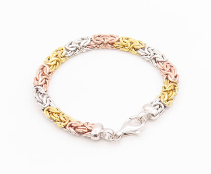 925 Sterling Silver Vintage Bracelet 3 Tone Gold Plated Byzantine Chain  BT11284