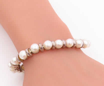 925 Sterling Silver Vintage Bracelet Disk & Pearl Band  BT11348