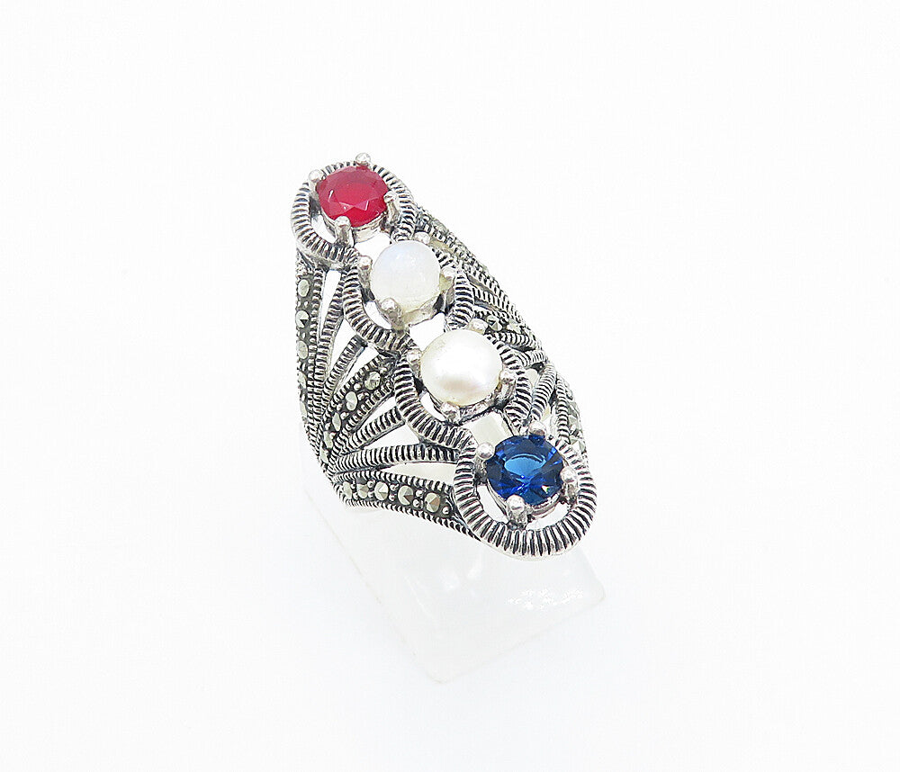 925 Silver  Vintage Pearl Moonstone & Topaz Split Cocktail Ring Sz 6  RG8127