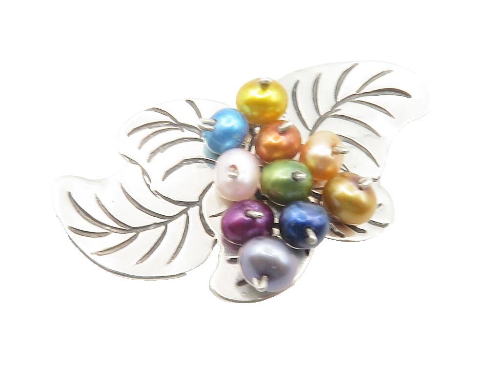 925 Sterling Silver Multi Color Pearl Beads Floral Leaf Slide Pendant PT9682
