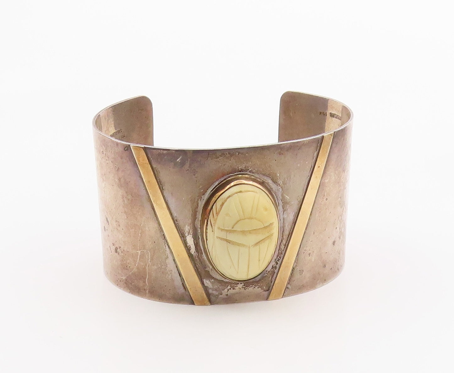 14k Gold & 925 Sterling Silver Vintage Bracelet M&J SAVITT Agate Scarab  BT12105